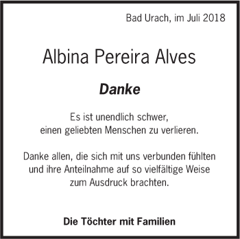 Traueranzeige von Albina Pereira Alves von Metzinger-Uracher Volksblatt