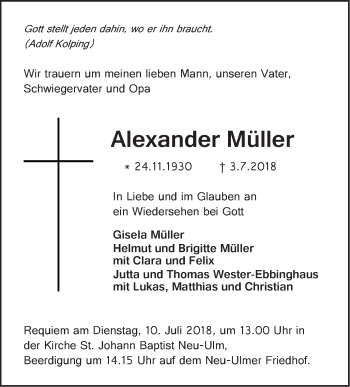 Traueranzeige von Alexander Müller von SÜDWEST PRESSE Ausgabe Ulm/Neu-Ulm