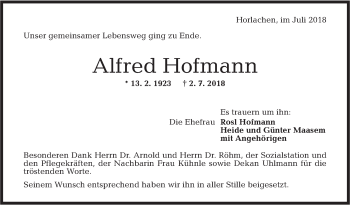 Traueranzeige von Alfred Hofmann von Rundschau Gaildorf