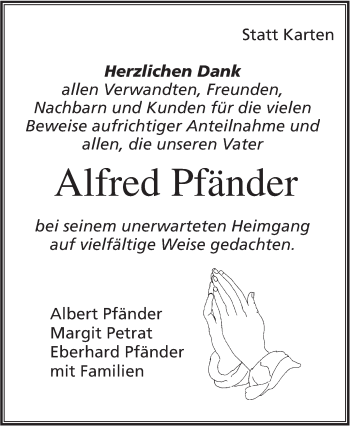 Traueranzeige von Alfred Pfänder von Hohenloher Tagblatt