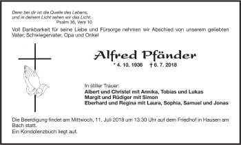 Traueranzeige von Alfred Pfänder von Hohenloher Tagblatt