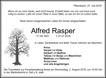 Traueranzeige von Alfred Rasper von NWZ Neue Württembergische Zeitung