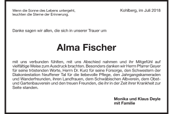 Traueranzeige von Alma Fischer von Metzinger-Uracher Volksblatt