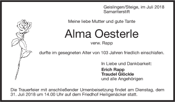 Traueranzeige von Alma Oesterle von Geislinger Zeitung