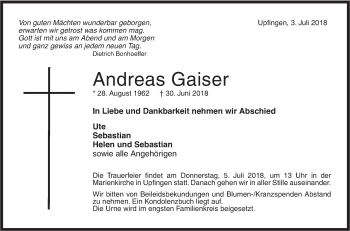 Traueranzeige von Andreas Gaiser von Metzinger-Uracher Volksblatt