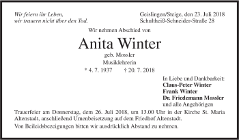 Traueranzeige von Anita Winter von Geislinger Zeitung