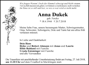 Traueranzeige von Anna Dukek von SÜDWEST PRESSE Ausgabe Ulm/Neu-Ulm