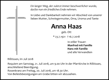 Traueranzeige von Anna Haas von Ehinger Tagblatt