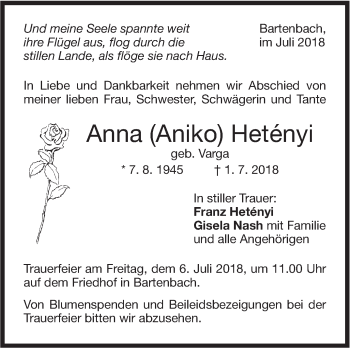 Traueranzeige von Anna Hetényi von NWZ Neue Württembergische Zeitung