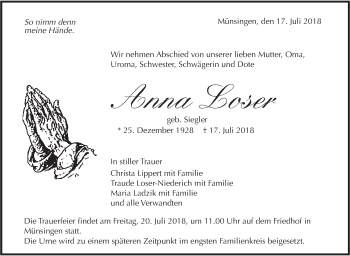 Traueranzeige von Anna Loser von Alb-Bote/Metzinger-Uracher Volksblatt