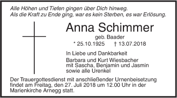 Traueranzeige von Anna Schimmer von SÜDWEST PRESSE Ausgabe Ulm/Neu-Ulm