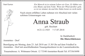 Traueranzeige von Anna Straub von Geislinger Zeitung