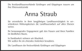 Traueranzeige von Anna Straub von Geislinger Zeitung