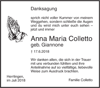 Traueranzeige von Anna Maria Colletto von SÜDWEST PRESSE Ausgabe Ulm/Neu-Ulm