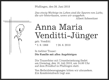 Traueranzeige von Anna Maria Venditti-Jünger von Metzinger-Uracher Volksblatt