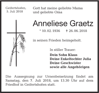 Traueranzeige von Anneliese Graetz von Haller Tagblatt