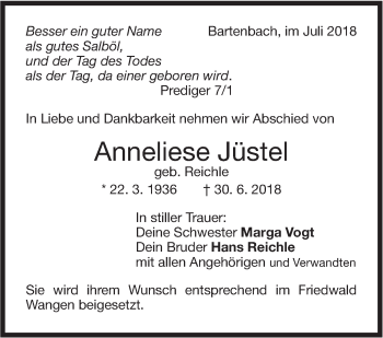 Traueranzeige von Anneliese Jüstel von NWZ Neue Württembergische Zeitung