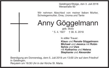 Traueranzeige von Anny Göggelmann von Geislinger Zeitung