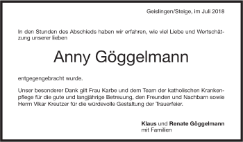 Traueranzeige von Anny Göggelmann von Geislinger Zeitung