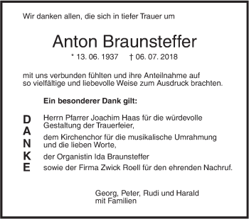 Traueranzeige von Anton Braunsteffer von SÜDWEST PRESSE Ausgabe Ulm/Neu-Ulm