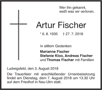 Traueranzeige von Artur Fischer von SÜDWEST PRESSE Ausgabe Ulm/Neu-Ulm