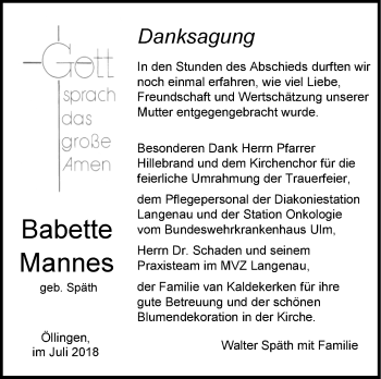 Traueranzeige von Babette Mannes von SÜDWEST PRESSE