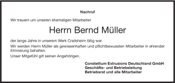 Traueranzeige von Bernd Müller von Hohenloher Tagblatt