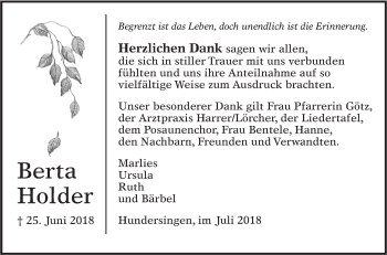 Traueranzeige von Berta Holder von Alb-Bote/Metzinger-Uracher Volksblatt