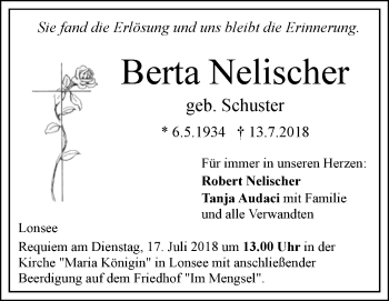 Traueranzeige von Berta Nelischer von SÜDWEST PRESSE Ausgabe Ulm/Neu-Ulm