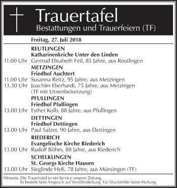 Traueranzeige von Bestattungen vom 27.07.2018 von Metzinger-Uracher Volksblatt