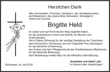 Traueranzeige von Brigitte Held von SÜDWEST PRESSE