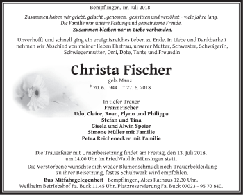 Traueranzeige von Christa Fischer von Metzinger-Uracher Volksblatt