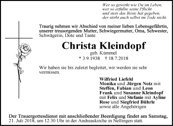 Traueranzeige von Christa Kleindopf von Geislinger Zeitung