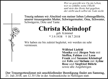 Traueranzeige von Christa Kleindopf von SÜDWEST PRESSE Ausgabe Ulm/Neu-Ulm