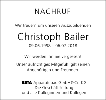 Traueranzeige von Christoph Bailer von SÜDWEST PRESSE