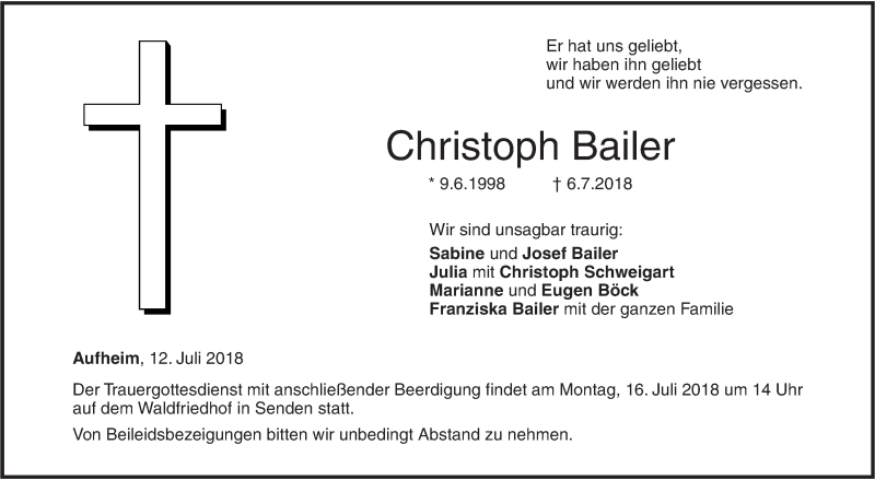  Traueranzeige für Christoph Bailer vom 12.07.2018 aus SÜDWEST PRESSE Ausgabe Ulm/Neu-Ulm