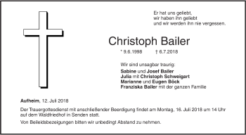 Traueranzeige von Christoph Bailer von SÜDWEST PRESSE Ausgabe Ulm/Neu-Ulm