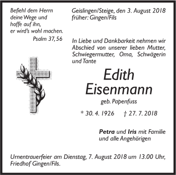 Traueranzeige von Edith Eisenmann von Geislinger Zeitung