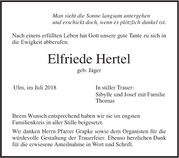 Traueranzeige von Elfriede Hertel von SÜDWEST PRESSE Ausgabe Ulm/Neu-Ulm