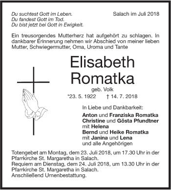 Traueranzeige von Elisabeth Romatka von NWZ Neue Württembergische Zeitung