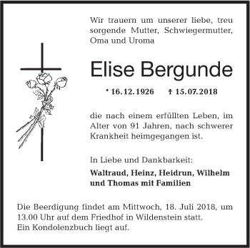 Traueranzeige von Elise Bergunde von Hohenloher Tagblatt