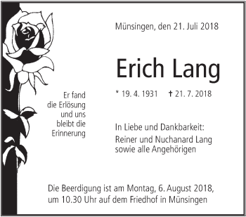 Traueranzeige von Erich Lang von Alb-Bote/Metzinger-Uracher Volksblatt