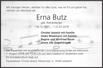 Traueranzeige von Erna Butz von Hohenloher Tagblatt