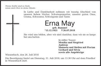 Traueranzeige von Erna May von Hohenloher Tagblatt