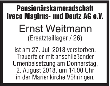 Traueranzeige von Ernst Weitmann von SÜDWEST PRESSE Ausgabe Ulm/Neu-Ulm