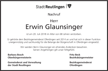 Traueranzeige von Erwin Glaunsinger von Metzinger-Uracher Volksblatt