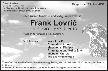 Traueranzeige von Frank Lovric von Geislinger Zeitung