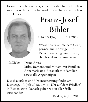 Traueranzeige von Franz-Josef Bihler von Haller Tagblatt