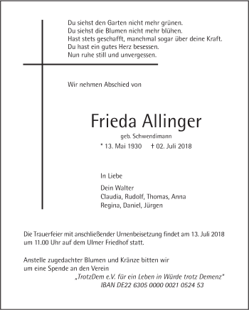 Traueranzeige von Frieda Allfinger von SÜDWEST PRESSE Ausgabe Ulm/Neu-Ulm