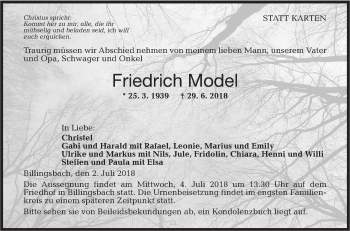 Traueranzeige von Friedrich Model von Hohenloher Tagblatt